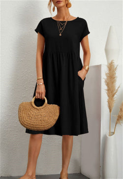 Women's Cotton A-Line Dress – Round Neck Casual Skirt Dress | Infinity Bazaar