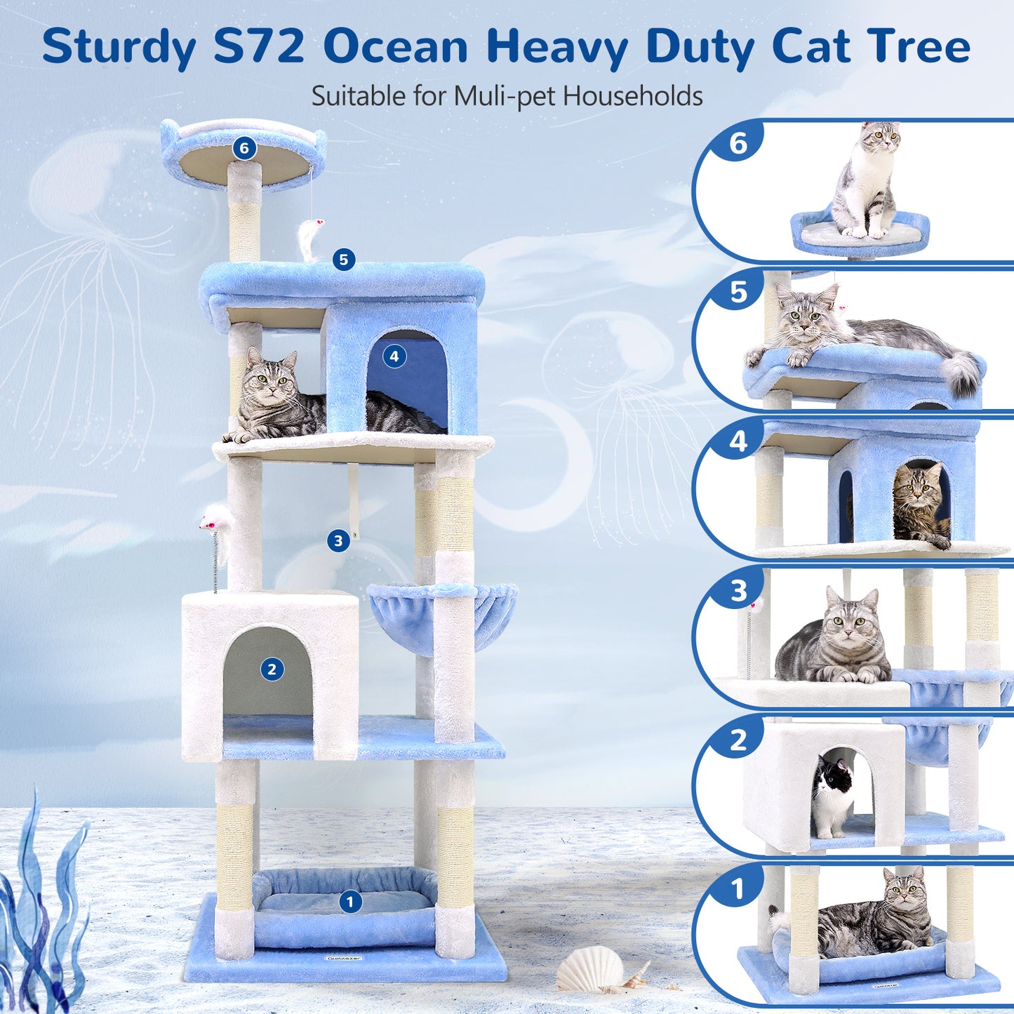 72-Inch Marine Blue Multi-Level Cat Tree Tower – Cat Climbing Frame with Scratching Posts, Platforms & Hideouts for Indoor Cats | Infinity Bazaar