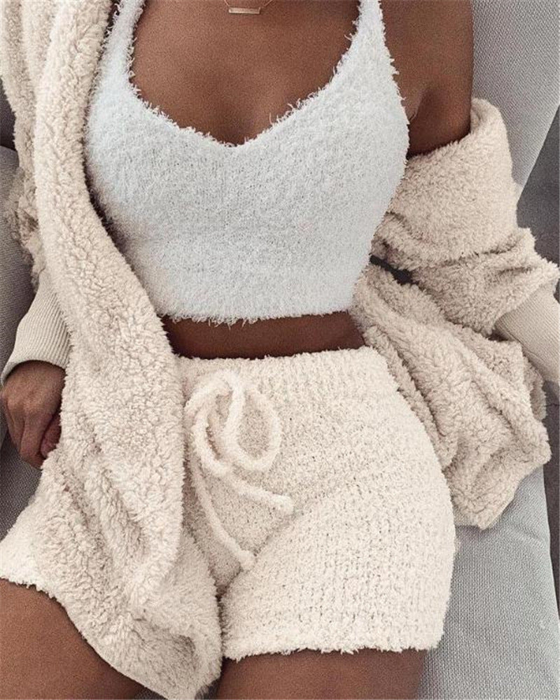 3pcs Velvet Pajama Set for Women – Long Sleeve Crop Top, Drawstring Shorts & Tank Vest Sleepwear | Infinity Bazaar