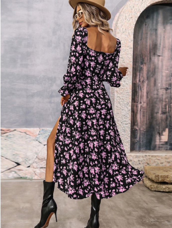 Women’s Floral Long Sleeve Square-Neck Dress with Bottom Slit | Infinity Bazaar