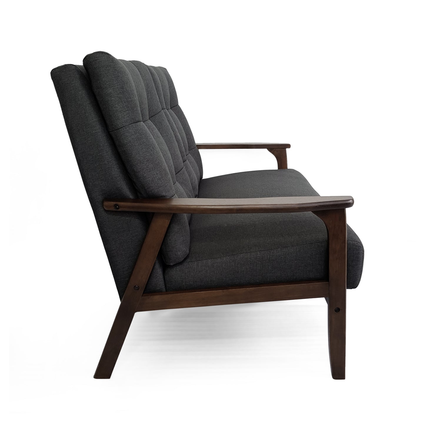 2-Person Sofa in Charcoal Gray – Button-Tufted Fabric Loveseat with Walnut Wood Legs | Infinity Bazaar