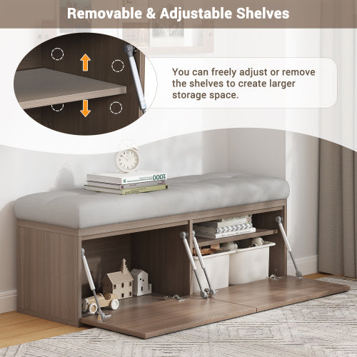 49" Storage Bench with Adjustable Shelves & Padded Cushion – Double Door Entryway Footstool Cabinet, Chenille Upholstery, Light Grey | Infinity Bazaar