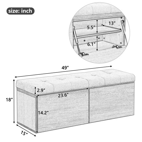 49" Storage Bench with Adjustable Shelves & Padded Cushion – Double Door Entryway Footstool Cabinet, Chenille Upholstery, Light Grey | Infinity Bazaar