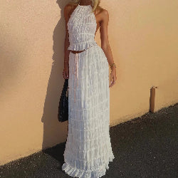 2-Piece Women’s Halter Top & Pleated Skirt Set – Backless Beach Dress Outfit | Infinity Bazaar