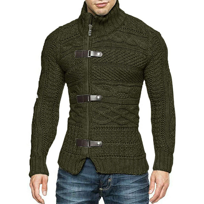Turtleneck Sweater Men's Leather Button Long Sleeve Knit Cardigan Jacket