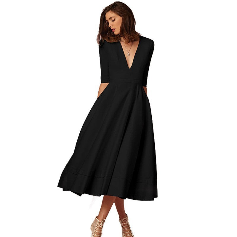Women’s Retro 60s V-Neck Swing Dress with Mid Sleeves and Zipper | Infinity Bazaar
