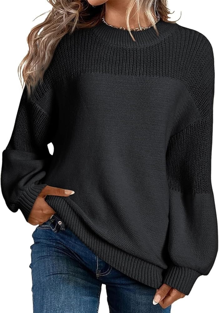 Solid Color Lantern Sleeve Pullover Round Neck Sweater