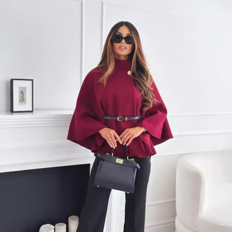 Collar Batwing Sleeves Cloak Top With Belt - Sweater Outwear For Women Clothing