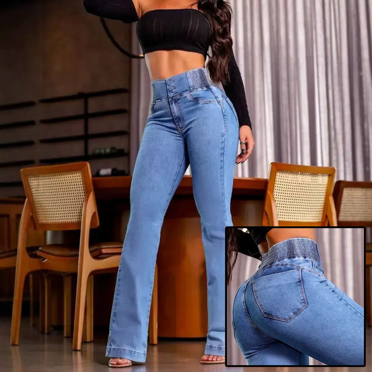 Sexy Elegant Casual Female Trouser Bottom Back Shirred Button Front High Waist Jeans