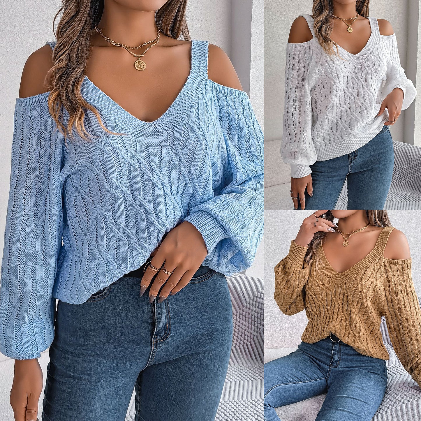 Twist Off-the-shoulder Lantern Women's Sleeve Sweaters