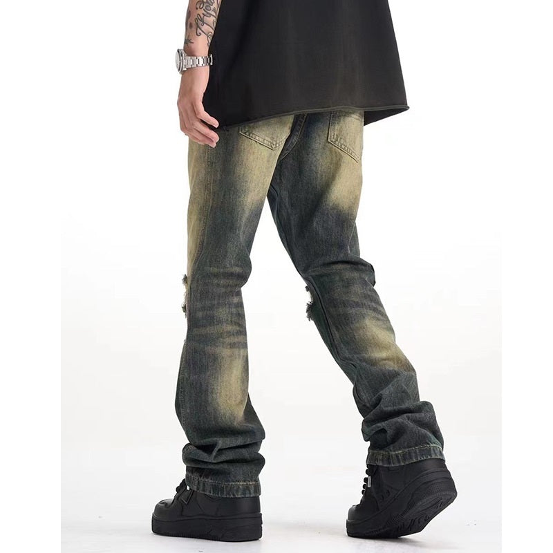 Retro Make Old Ripped Cement Yellow Jeans For Men