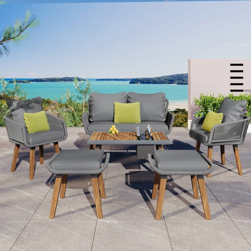 6-Piece Rope Patio Furniture Set, Outdoor Patio Furniture Set – Outdoor Sofa Seating Acacia Wood, Weather-Resistant Cushions | Infinity Bazaar