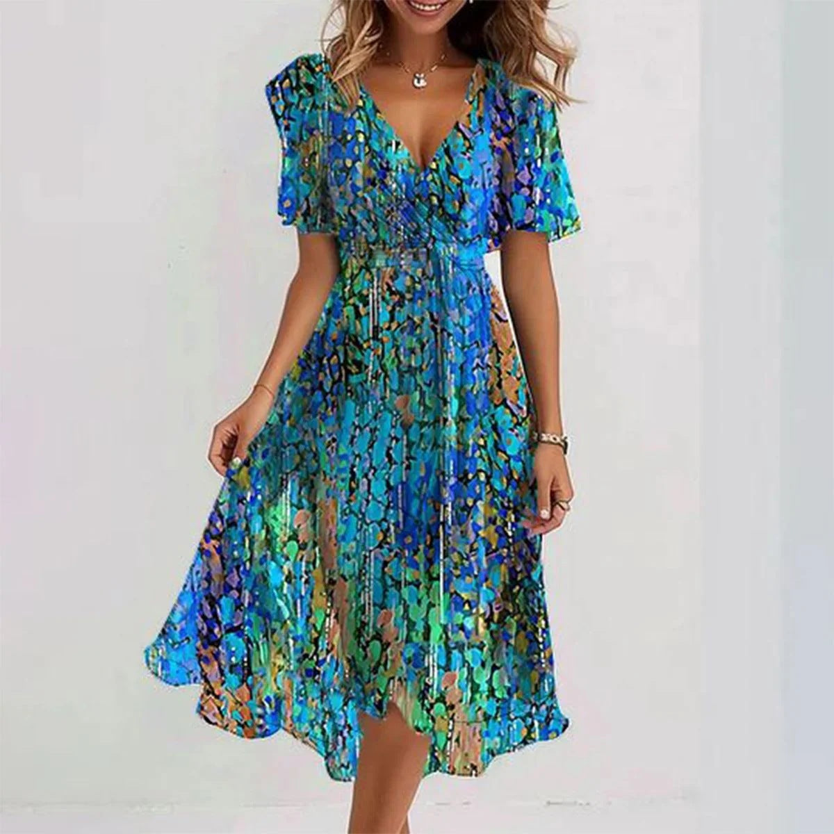 Women’s Chiffon Printed V-Neck Summer Dress – Elegant Two-Piece Set | Infinity Bazaar