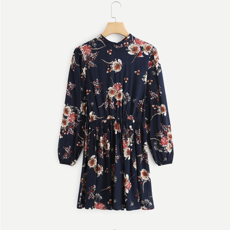 Women’s Autumn Floral High Waist Long Sleeve Dress | Infinity Bazaar