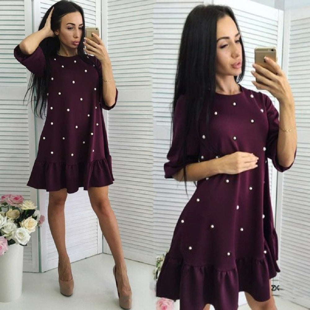 Women’s Beaded Ruffle Casual Dress – Half Sleeve O-Neck Spring & Autumn Style | Infinity Bazaar
