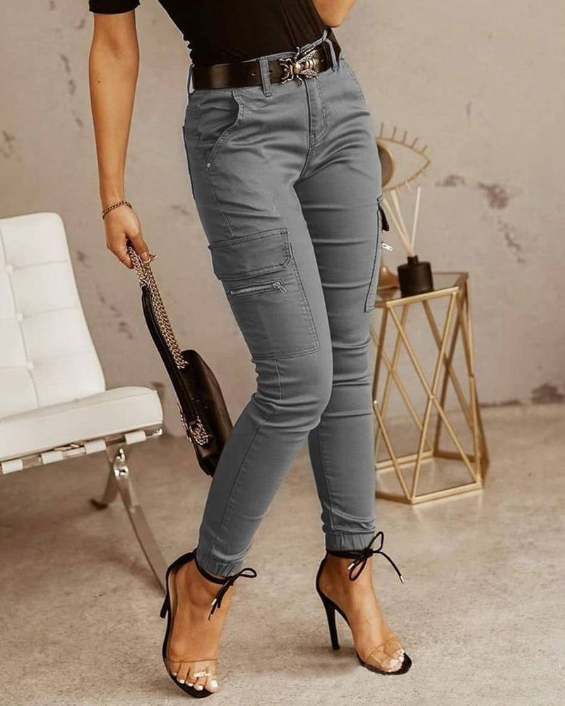 Women's Trousers, Low-waisted Buttons, Solid Color Pockets