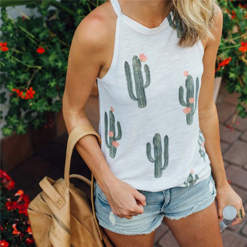 Summer Cactus Print Women T Shirt Casual Halter Harajuku Women T-Shirt