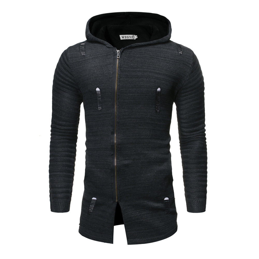 Men's Casual Knit Sweater Diagonal Pull Hole Hooded Cardigan Sweater Men