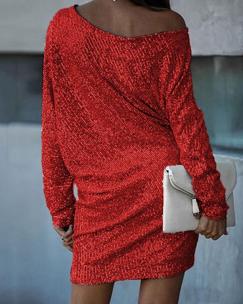 Fashion Oblique Shoulder Sequin Dress – Long Sleeve Party Dress | Infinity Bazaar