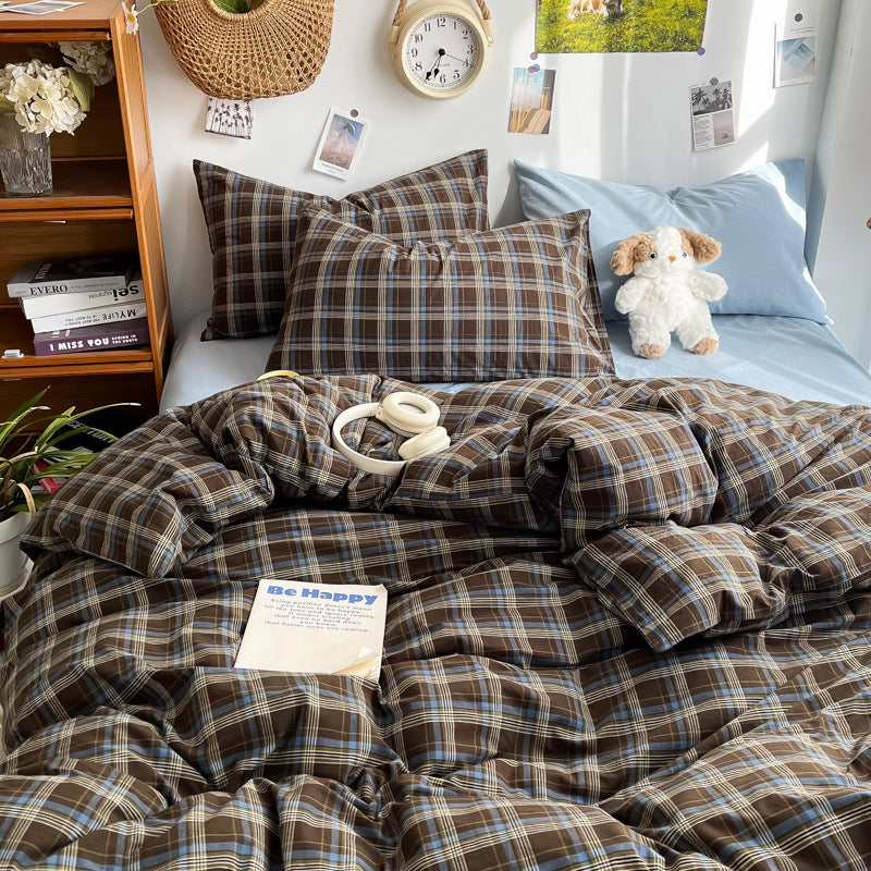 Simple Plaid Washed Cotton Cream Color Mixed Bed Sheet Fitted Sheet Quilt Cover