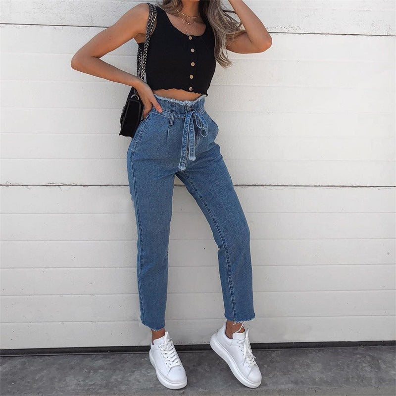 Women's Spring & Autumn vintage tassels high waist jeans
