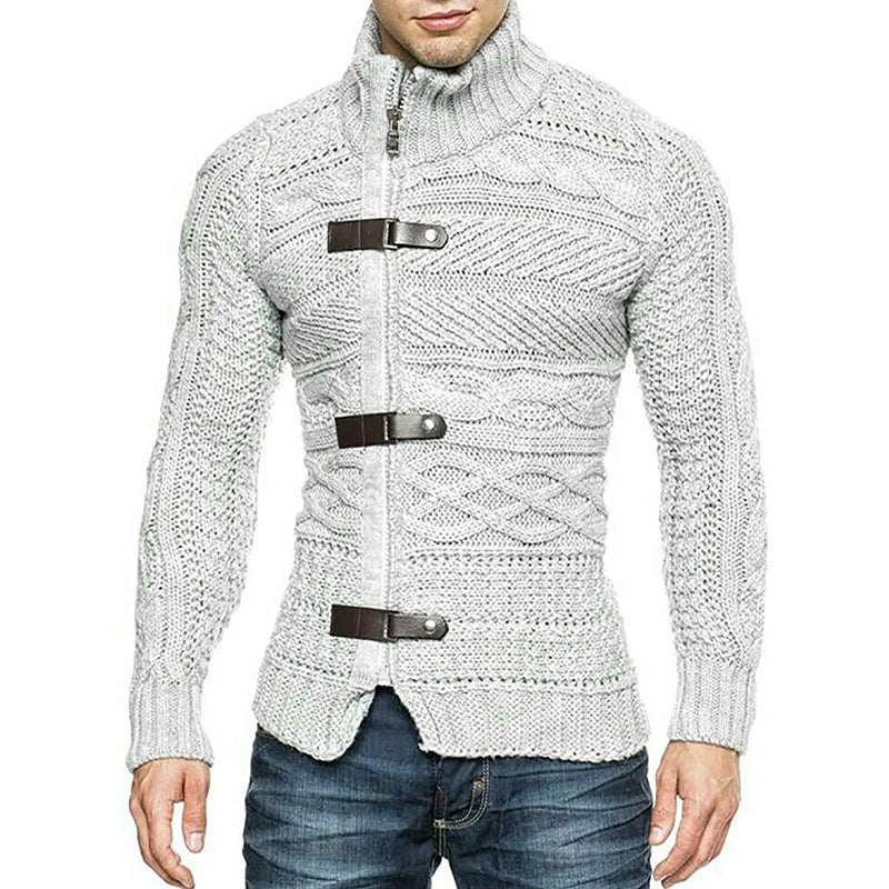 Turtleneck Sweater Men's Leather Button Long Sleeve Knit Cardigan Jacket
