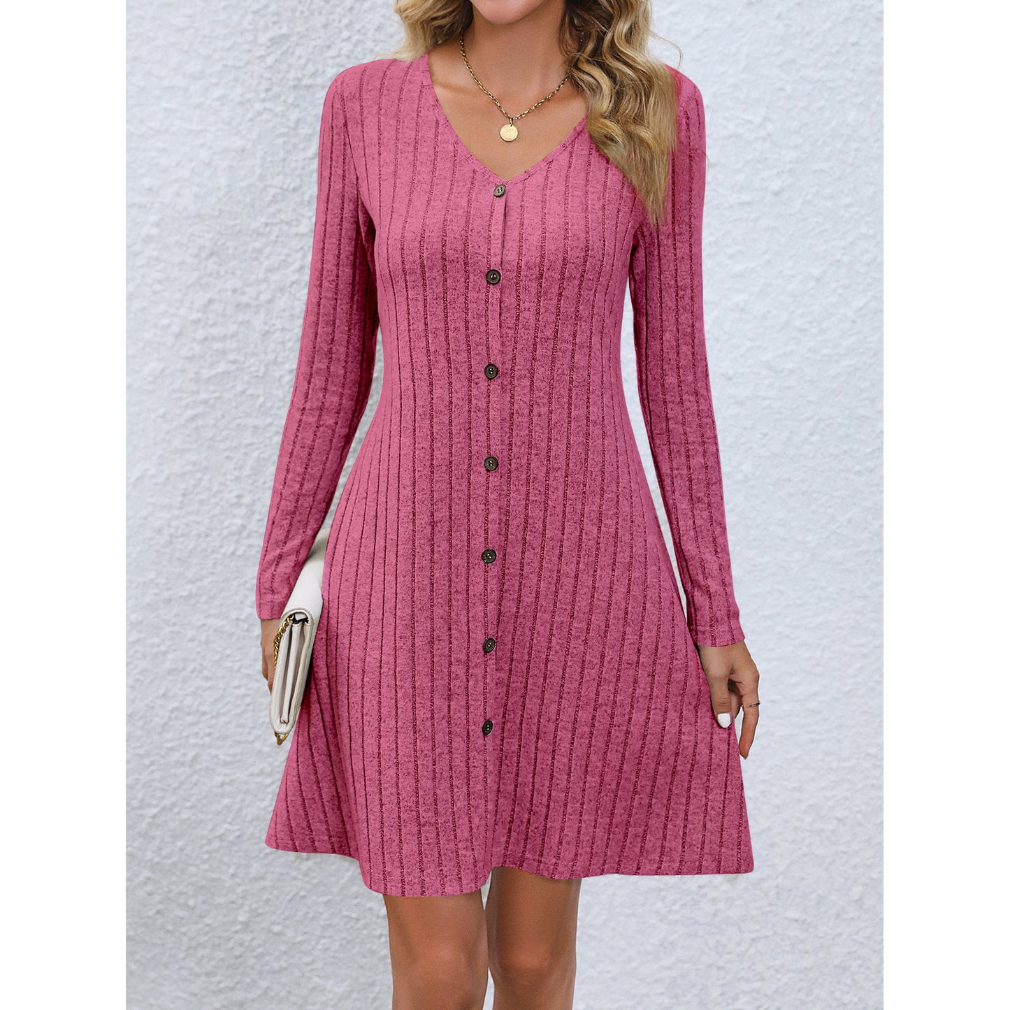 Women’s V-Neck Long Sleeve Slim Fit Dress with Buttoned Waist | Infinity Bazaar