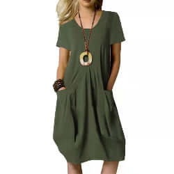 Women's Cotton and Linen Solid Color Round Neck Short Sleeve Dress | Infinity Bazaar