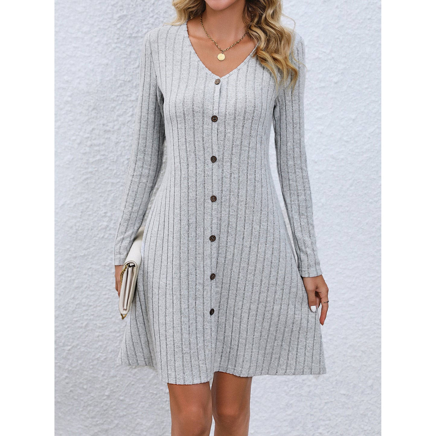 Women’s V-Neck Long Sleeve Slim Fit Dress with Buttoned Waist | Infinity Bazaar