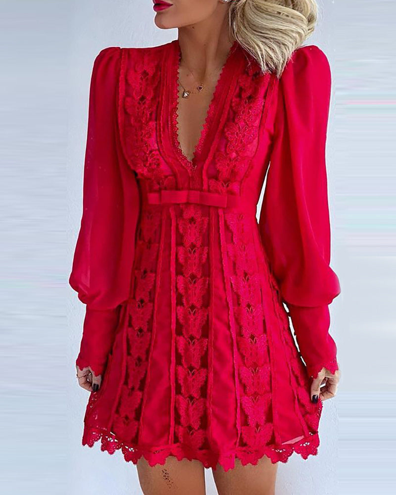Women’s Long Lace Puff Sleeve Butterfly Dress – High Waist Short Skirt | Infinity Bazaar