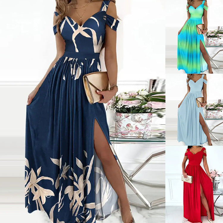 Women’s Boho V-Neck Spaghetti Strap Split Maxi Dress – Gradient Print | Infinity Bazaar