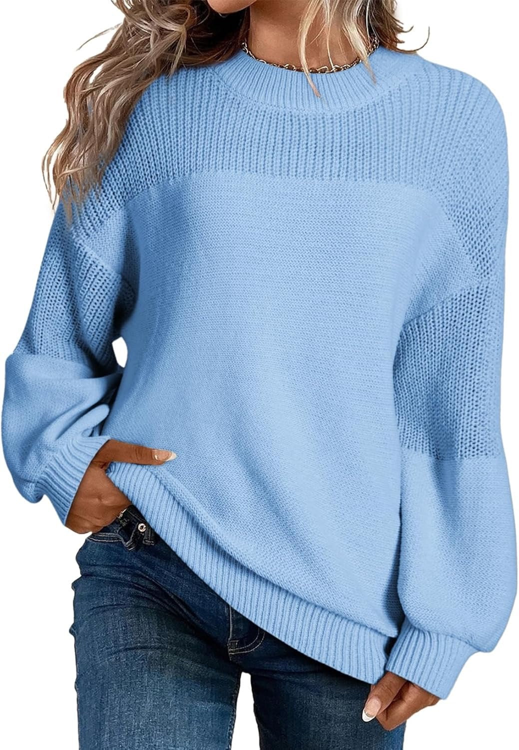 Solid Color Lantern Sleeve Pullover Round Neck Sweater