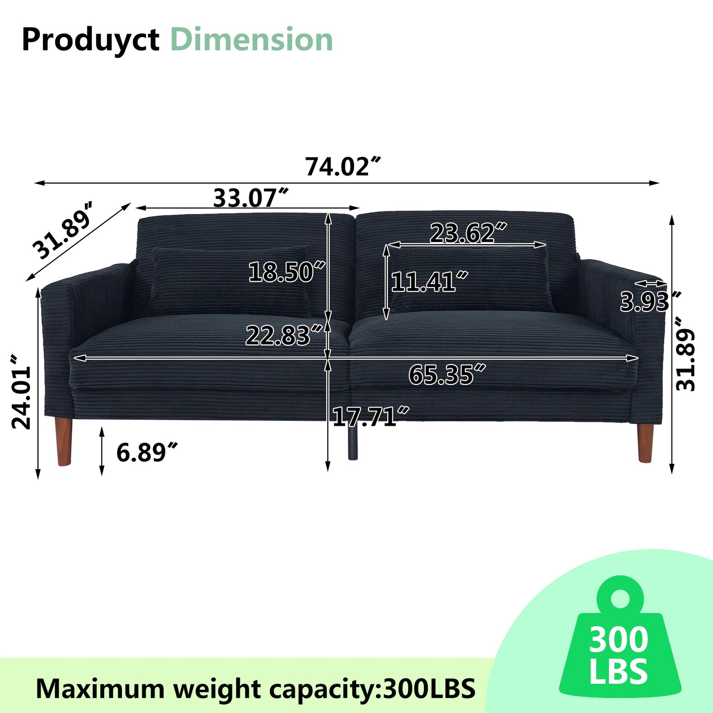 Corduroy Comfy Black Sofa