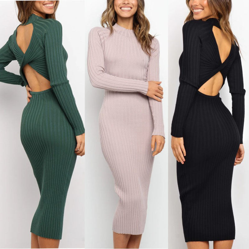 Women’s Backless Form-Fitting Sweater Dress – Long Sleeve One-Step Skirt | Infinity Bazaar