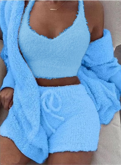 3pcs Velvet Pajama Set for Women – Long Sleeve Crop Top, Drawstring Shorts & Tank Vest Sleepwear | Infinity Bazaar