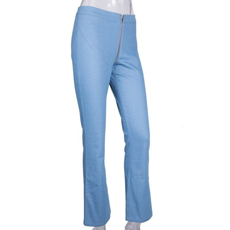 Zipper skinny woman denim stretch jeans with vintage bell bottom flare