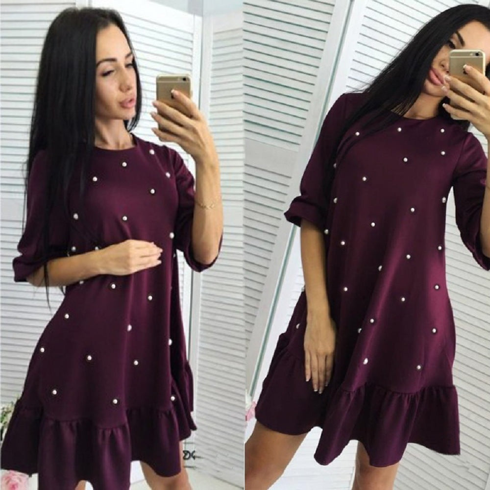 Women’s Beaded Ruffle Casual Dress – Half Sleeve O-Neck Spring & Autumn Style | Infinity Bazaar