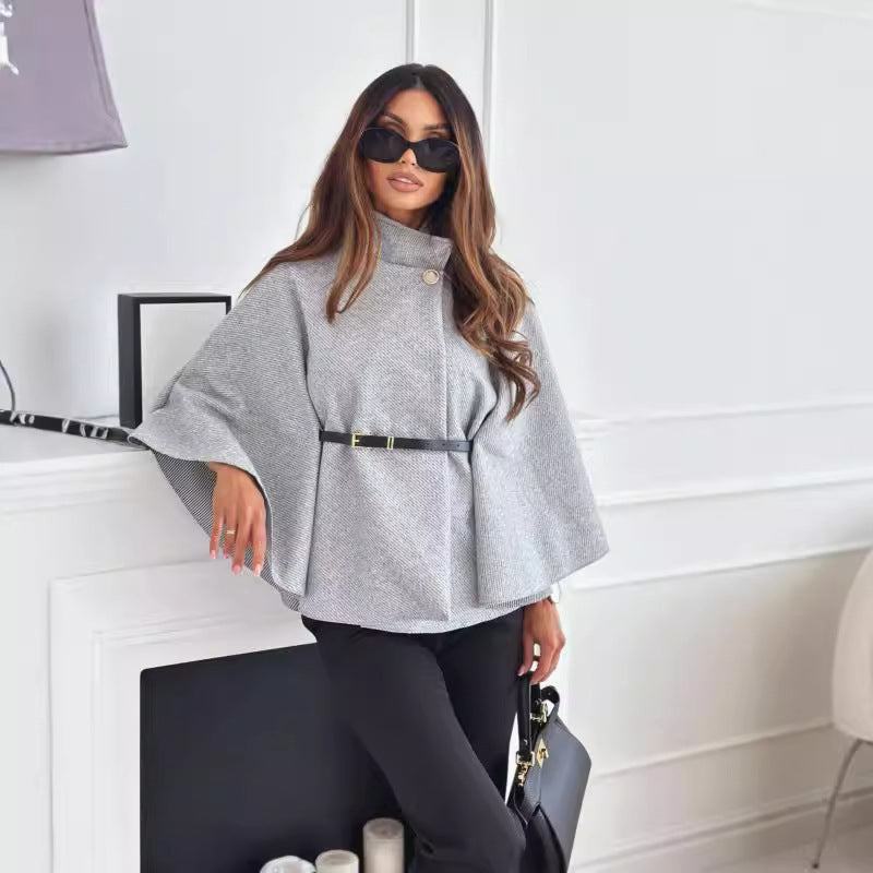 Collar Batwing Sleeves Cloak Top With Belt - Sweater Outwear For Women Clothing