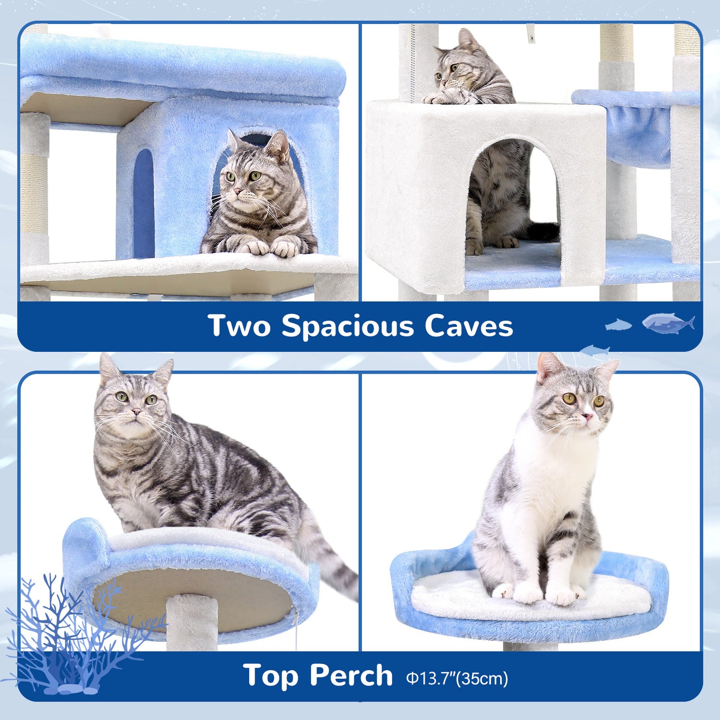 72-Inch Marine Blue Multi-Level Cat Tree Tower – Cat Climbing Frame with Scratching Posts, Platforms & Hideouts for Indoor Cats | Infinity Bazaar