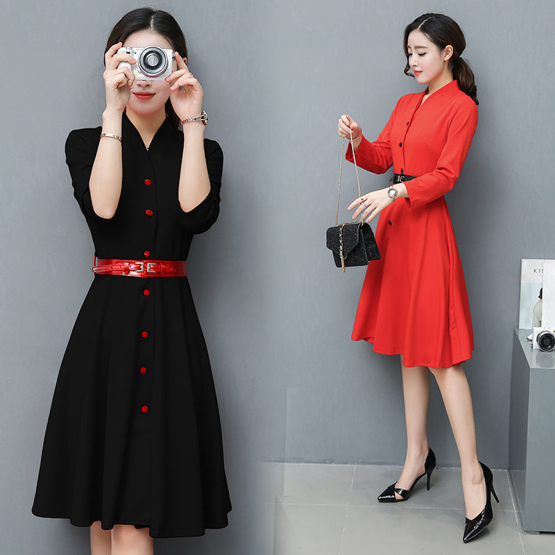Women’s Long-Sleeved Brocade Cotton Dress – 3/4 Sleeve Spring & Autumn Wear | Infinity Bazaar