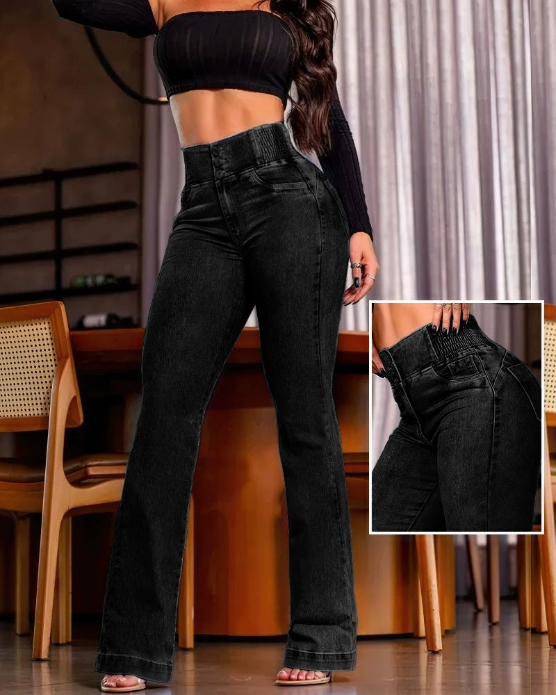 Sexy Elegant Casual Female Trouser Bottom Back Shirred Button Front High Waist Jeans