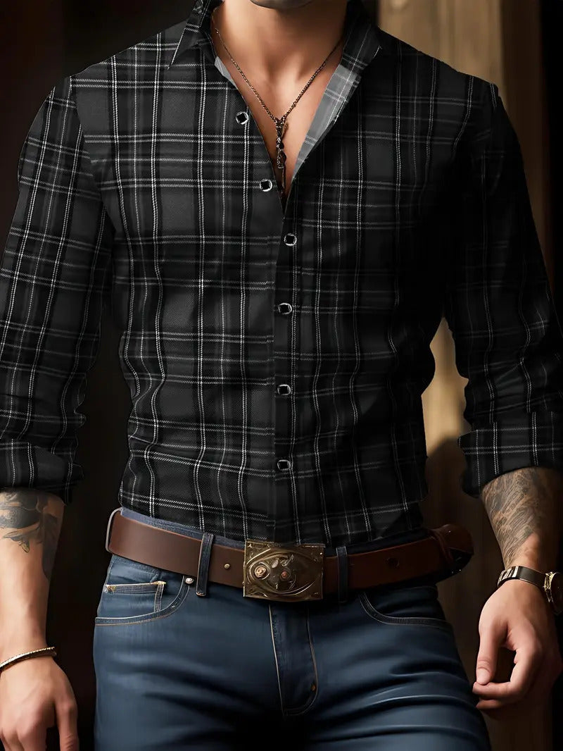 Breathable Casual Versatile Lattice Men's Long Sleeve Shirt