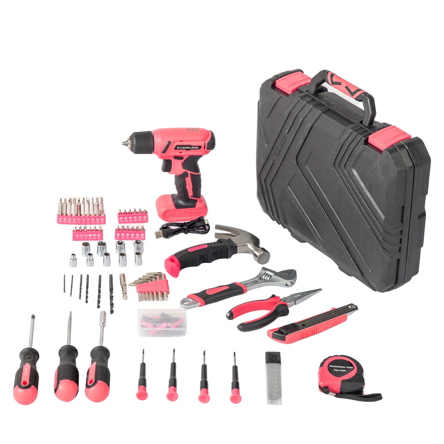 146-Piece Pink Cordless Drill & Tool Set – 8V DIY Home Repair Kit with LED Light, Lithium Battery & Carry Case | Infinity Bazaar