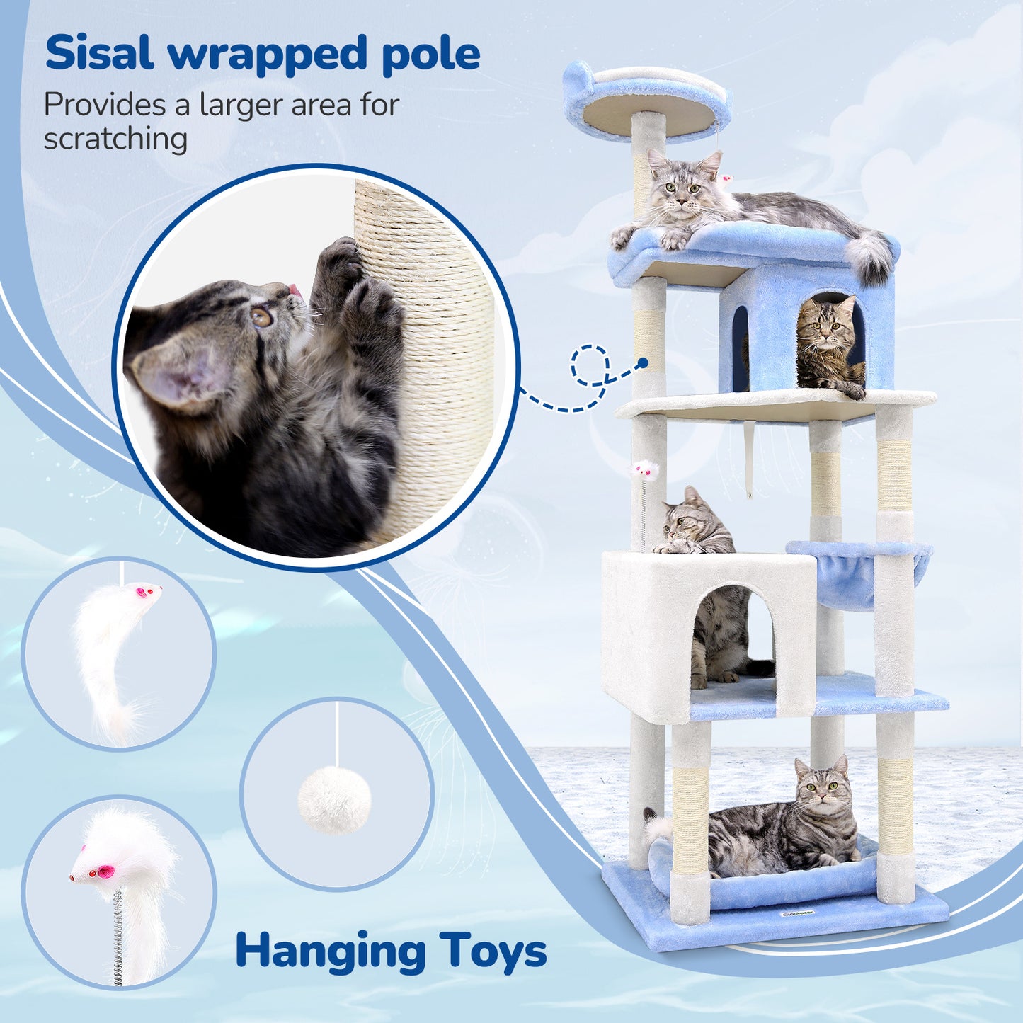 72-Inch Marine Blue Multi-Level Cat Tree Tower – Cat Climbing Frame with Scratching Posts, Platforms & Hideouts for Indoor Cats | Infinity Bazaar
