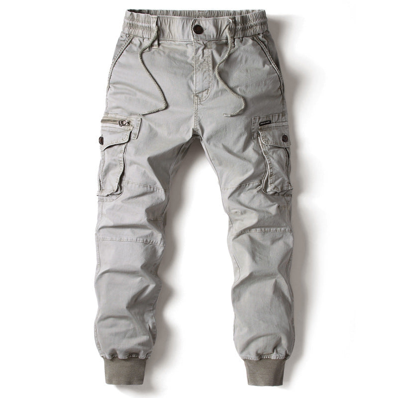 Solid Color Skinny Pants Multi-pocket Men's Working Pants