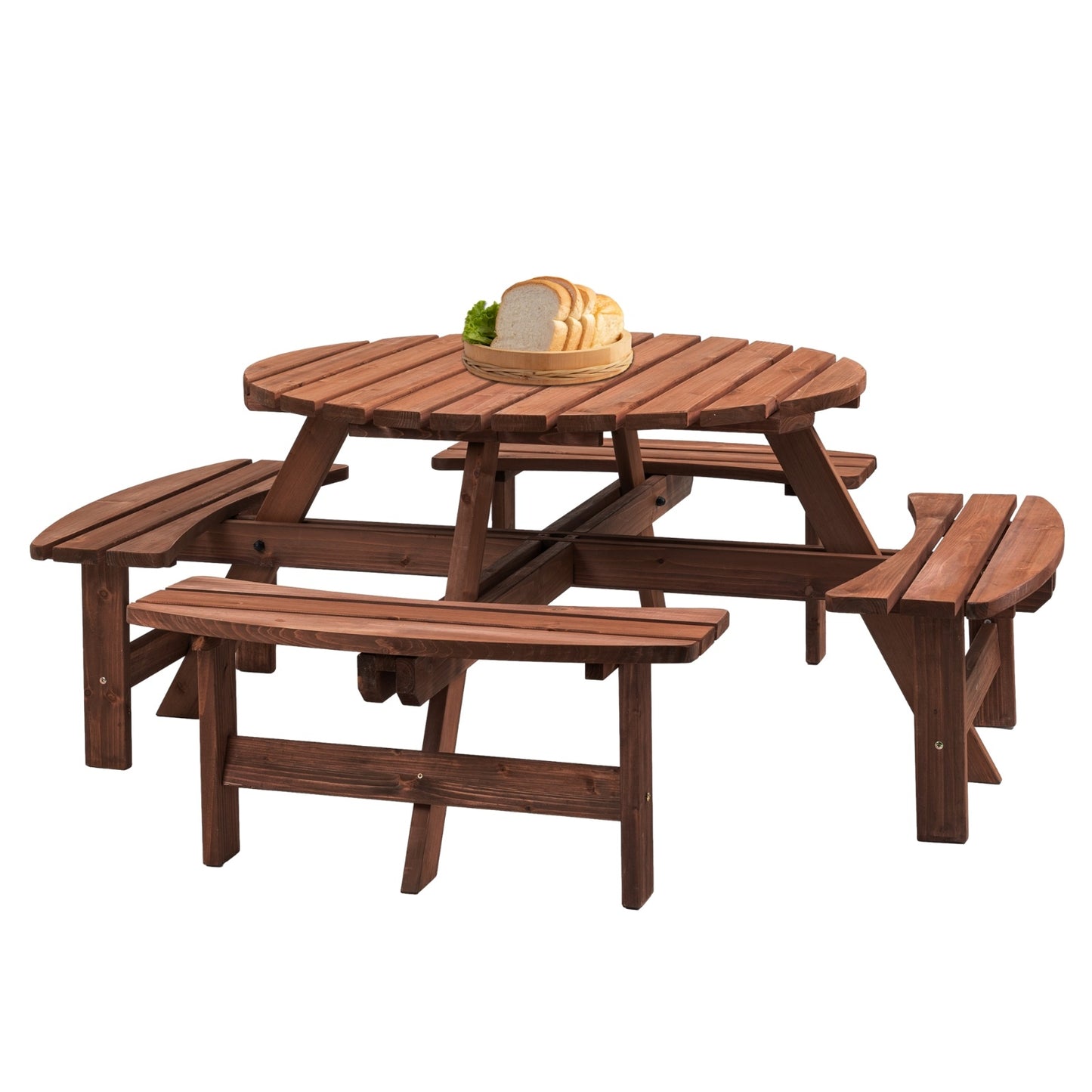 8-Person Wooden Picnic Table with 4 Built-in Benches – Round Outdoor Camping & Garden Dining Table, 2220lb Capacity, Fir Wood | Infinity Bazaar