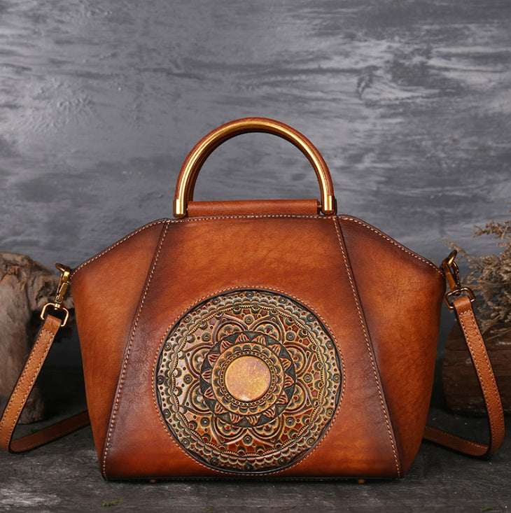 Genuine Embossed Retro Leather Messenger Handbag with Totem Pattern - High Quality Natural Leather