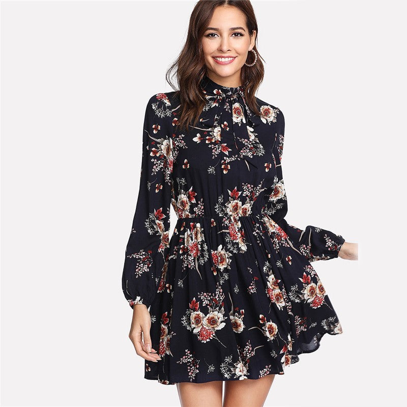 Women’s Autumn Floral High Waist Long Sleeve Dress | Infinity Bazaar