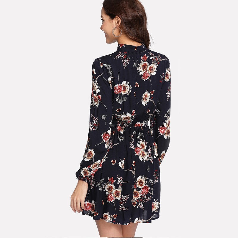 Women’s Autumn Floral High Waist Long Sleeve Dress | Infinity Bazaar