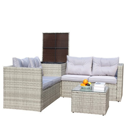 4-Piece Patio Sectional Wicker Rattan Outdoor Furniture Sofa Set with Storage Box – Grey | Infinity Bazaar